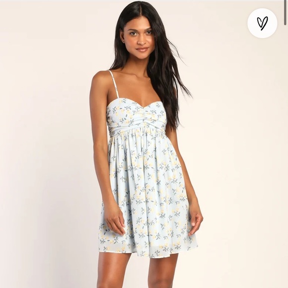 Lulus New Day Light Blue Floral Print Babydoll Mini Dress - Picture 1 of 5